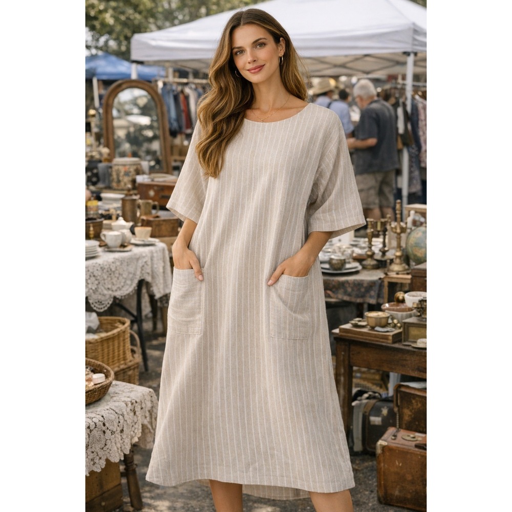 Susan Howard Women Dress Beige Striped Midi Pocket Minimalist lagenlook artsy